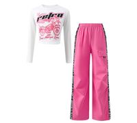 Ensemble Fille 8-12 Ans T Shirt Manches Longues Danse Imprimé Lettres Et Pantalon Rose Tenue Plage Scolaire Sport Yoga(Red, 10-11 Years)
