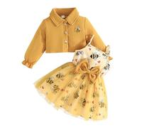 Ensemble Fille Automne Hiver Petite Veste Fragrance Et Robe Dos Nu Noeud Papillon Abeille Imprimé Deux Pièces Vêtement Enfant(Yellow, 2-3 Years)
