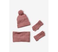 Ensemble fille bonnet, snood, gants en maille fantaisie rose 12/14A