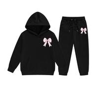 Ensemble Fille Capuche Pantalon Mignon Lettre Imprimé Tenue pour Enfant Décontracté Tendance Deux Pièces Hiver Vêtement Tout Petit vers Ado Confortable Maison(Black, 6-7 Years)