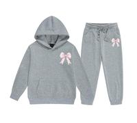 Ensemble Fille Capuche Pantalon Mignon Lettre Imprimé Tenue pour Enfant Décontracté Tendance Deux Pièces Hiver Vêtement Tout Petit vers Ado Confortable Maison(Grey, 12-13 Years)