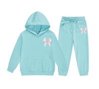 Ensemble Fille Capuche Pantalon Mignon Lettre Imprimé Tenue pour Enfant Décontracté Tendance Deux Pièces Hiver Vêtement Tout Petit vers Ado Confortable Maison(Mint Green, 8-9 Years)