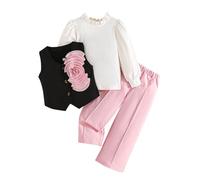 Ensemble Fille Elegant Doux Deux Pieces Haut Manches Longues Blanc Gilet Noir Pantalon Loose Fleuri Rose Décontractee 4-8 Ans(7-8 Years)