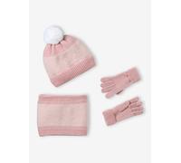 Ensemble fille en tricot bonnet, snood et gants rose poudré 2/3A