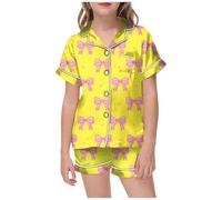 Ensemble Fille Été Deux Pièces Manches Courtes Haut avec Imprimé Nœud Et Taille Élastique Short Décontracté Tenue Maison Pyjama pour Tout Petit Enfant Âge(Yellow, 130.00)