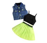 Ensemble Fille Été Quatre Pièces Dénim Gilet Haut Débardeur Vert Jupe Plissé avec Ceinture Mode pour Enfant Jeu Décontracté(Light Green, 3-4 Years)