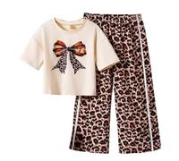 Ensemble fille imprimé léopard doré haut manches courtes nœud pantalon long été tendance 7-14 ans#M