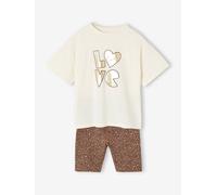 Ensemble fille léopard T-shirt et cycliste sport écru 14A