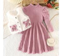 Ensemble fille mode décontractée quotidienne, comprenant un gilet sans manches à col rond avec nœud en peluche courte et une robe à manches raglan col montant avec taille froncée en tissu peluche cour