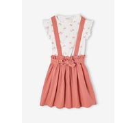 Ensemble fille t-shirt à volants et jupe à bretelles en gaze de coton vieux rose 6A