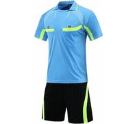 Ensemble Foot Homme Maillot Arbitre Football Adulte Manches Courtes avec Short Sport Survêtement Maillot de Foot col rabattable chemise à manches courtes short à trois poches (bleu ciel,TG)