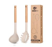 Ensemble fourchette à pâtes en silicone et louche avec poignée en bois, résistant à la chaleur, anti-adhésif, ustensiles de cuisine pour cuisiner, remuer, servir des spaghettis, soupe, sauce (kaki)