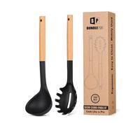Ensemble fourchette à pâtes et louche en silicone avec poignée en bois, résistant à la chaleur, ustensiles de cuisine antiadhésifs pour cuisiner, remuer, servir des spaghettis, soupe, sauce (noir)