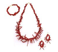 Ensemble frangia corail méditerranéen rouge composé d'un collier, bracelet et boucles d'oreilles sertis en argent 925 blanc ou jaune. (Collier + Boucles d'oreilles + Bracelet, Argent jaune 925)