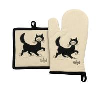 Winkler - Lot gant/manique Dubout Chat Balade - 100% coton - Protection de cuisine, barbecue, pâtisserie - Dessous de plat en tissu - Illustration dessin français