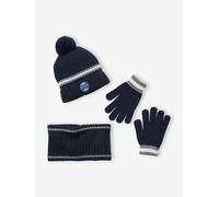 Ensemble garçon bonnet + snood + gants en maille côtelée marine 12/14A