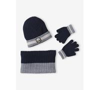 Ensemble garçon bonnet + snood + gants « Montagnes » bleu nuit 12/14A