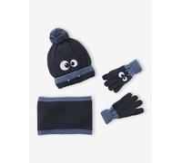 Ensemble garçon bonnet + snood + moufles/gants « Monstre » marine 8/10A