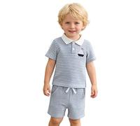 Ensemble garçon décontracté été composé d'une chemise à manches courtes et d'un short assorti avec t-shirt rayé brodé et sporty idéal pour activités quotidiennes en extérieur (Blue, 6-12 Months) #260