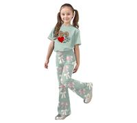 Ensemble Garcon- Ensemble Deux PièCes Assorti Petite Fille IdéAl La Saint-Valentin Haut à Manches Courtes avec Imprimé CœUr Et NœUd Mignon Pantalon éVasé