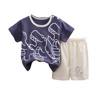 Ensemble Garçon Été Ensemble 2 pièces garçon t-Shirt Manches Courtes Short imprimé Floral Dessin animé Tenue garçonnière décontractée vêtement été Costume Loisir (Dark Blue, 5-6 Years)