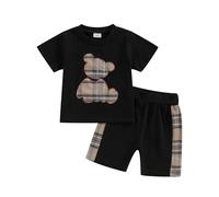 Ensemble GarçOn éTé,Ensemble D'éTé Deux PièCes Pour Petits GarçOns Et Petites Filles Brodé D'Oursons éLéGants Short Rayé à Manches Courtes