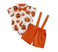 Ensemble Garçon Été Ensemble Deux Pièces Halloween Garçon Tenue Citrouille Manches Courtes Nœud Bretelles Short Vêtements Jeu Décontractés 1-18 Mois (Orange, 3-6 Months)