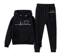 Ensemble Garcon Fille Sweat A Capuche Manches Longues Imprime Tendance Sportswear Tenue Décontractee Hoodie Pantalon Deux Pieces(Black, 8-10 Years)