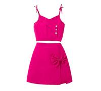 Ensemble Grande Fille Été Haut Dos Nu Imprimé Et Jupe Pantalon Deux Pièces Tenue Décontractée Vêtement Adolescent(Red, 11 Years)