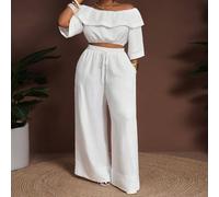 Ensemble grande taille 2025 dernier printemps et été - Top court à manches courtes volantées avec épaules dénudées et texture de bambou + Pantalon large taille haute avec cordon de serrage et poches, 