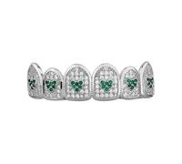 Ensemble Grillz Cœur Bleu Entièrement Pavé Cz - Pour Femmes et Hommes Plaqué Or 18K Crocs Glacés Hip Hop Rappeur Déguisement(Silver-green diamonds,Lower)