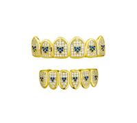 Ensemble Grillz Cœur Bleu Entièrement Pavé Cz - Pour Femmes et Hommes Plaqué Or 18K Crocs Glacés Hip Hop Rappeur Déguisement(Gold-blue diamonds,Lower)