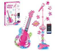 Ensemble guitare et microphone pour enfants, jouets de guitare avec musique et lumière colorée, microphone réglable en hauteur avec support, machine à karaoké (rose)