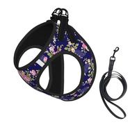 Ensemble harnais et laisse pour chien avec base bleu marine, imprimé floral, réglable, respirant, doux, en maille avec bande réfléchissante