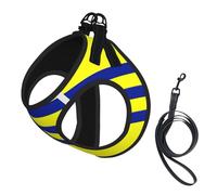 Ensemble harnais et laisse pour chien avec imprimé à rayures jaunes et bleues, réglable, respirant, doux, en maille avec bande réfléchissante