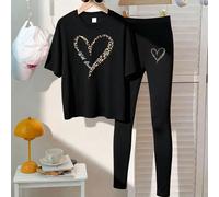 Ensemble haut à manches courtes et leggings avec imprimé léopard et graphique cœur, style mode coréenne, convient pour les tenues de printemps/été, style filles/adolescentes 6Y,7Y,8Y,9Y,10Y,4Y,5Y,14Y,