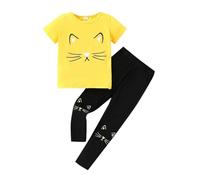 Ensemble haut à manches courtes et short à motif chat pour filles, idéal pour l'été et chaudes, pour les filles de 3 à 13 ans. Brins de Coton pour Rire