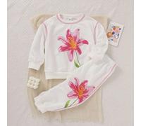 Ensemble haut à manches longues et pantalon pour automne avec imprimé floral au niveau du panneau avant, col côtelé, poignets et bas contrastés pour fille, style de base décontracté 6Y,7Y,4Y,5YPolyest