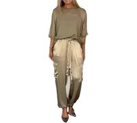 Ensemble haut à manches mi-longues et pantalon en satin lisse, tenue d'été décontractée 2 pièces pour femme, ensemble jogging à manches courtes (or, L), marron