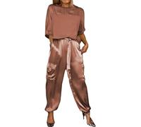 Ensemble haut à manches mi-longues et pantalon en satin lisse, tenue d'été décontractée 2 pièces pour femmes, ensemble jogging à manches courtes (or, M), marron