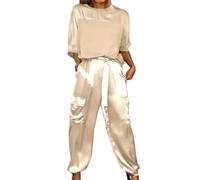 Ensemble haut et pantalon en satin lisse, décontracté et confortable, manches courtes et pantalon long, tenue deux pièces en satin, abricot, 4XL