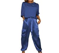 Ensemble haut et pantalon en satin lisse, décontracté et confortable, manches courtes et pantalon long, tenue deux pièces en satin, bleu, 5XL