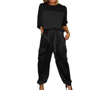 Ensemble haut et pantalon en satin lisse, décontracté et confortable, manches courtes et pantalon long, tenue deux pièces en satin, Noir , 5XL