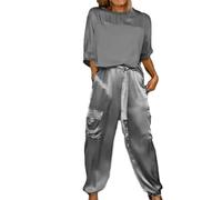 Ensemble haut et pantalon en satin lisse, décontracté et confortable, manches courtes et pantalon long, tenue deux pièces en satin, gris, XL