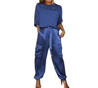 Ensemble Haut et Pantalon en Satin Lisse pour Femme, Tenue décontractée en Satin 2 pièces, Jogging à Manches Courtes, Ensemble Femme Chic et Elegant, Ensemble Jogging Femme