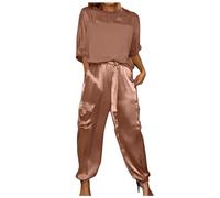 Ensemble Haut et Pantalon en Satin Lisse pour Femmes, Manches mi-Longues, Pyjama décontracté d'été en Satin pour Fille