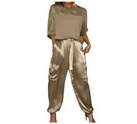 Ensemble Haut et Pantalon en Satin Lisse pour Femmes, Manches mi-Longues, Pyjama décontracté d'été en Satin Cadeau Offrir Coffret