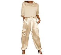 Ensemble Haut et Pantalon en Satin Lisse pour Femmes, Manches mi-Longues, Pyjama décontracté d'été en Satin Cadeau Offrir Coffret
