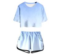 Ensemble Haut et Short à Manches Courtes imprimé été pour Filles, Tenue décontractée à col Rond et Poches pour Adolescentes et Juniors, légère et Confortable Ensemble De (Light Blue, 13-14 Years)