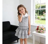Ensemble haut sans manches et jupe pour jeunes filles, style école, printemps/été, contraste gris et blanc, col claudine, simple boutonnage, accent nœud, bordure de dentelle aux poignets, haut sans ma